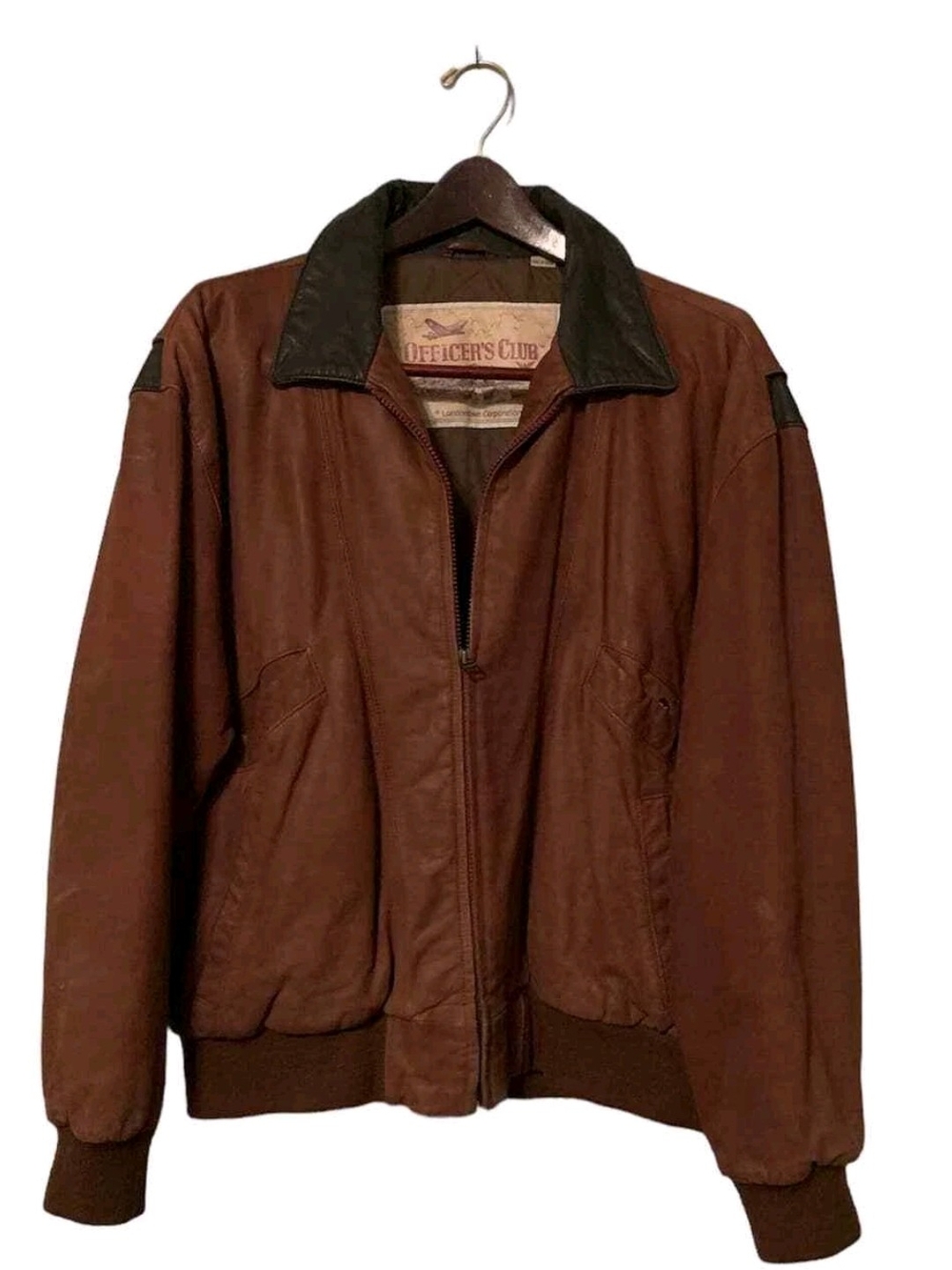 Vintage Brown Leather Bomber Jacket with Dark Collar
